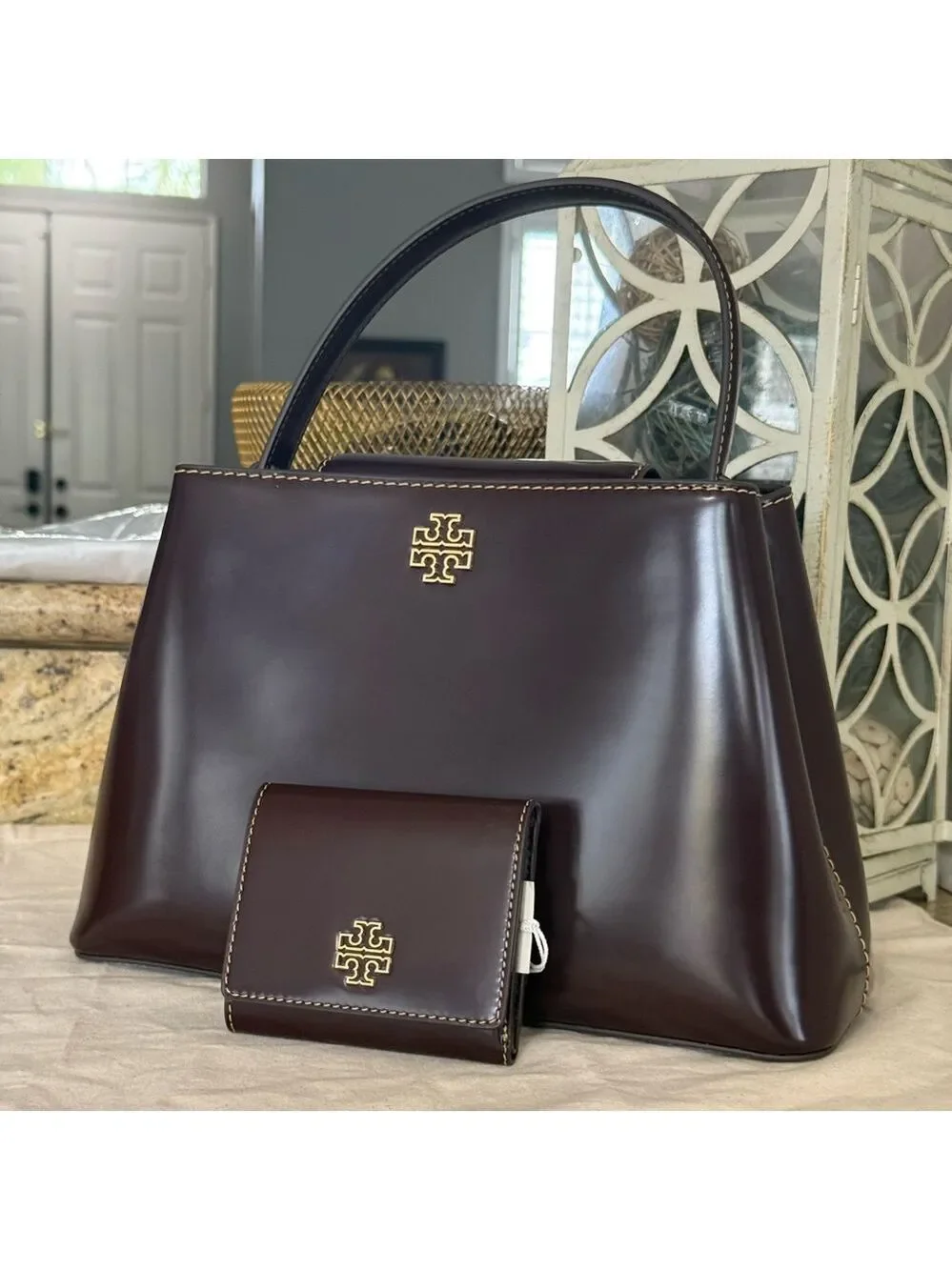 New 900+! Tory Burch BRITTEN SMOOTH SATCHEL & Matching Wallet TEMPRANILLO / Gold